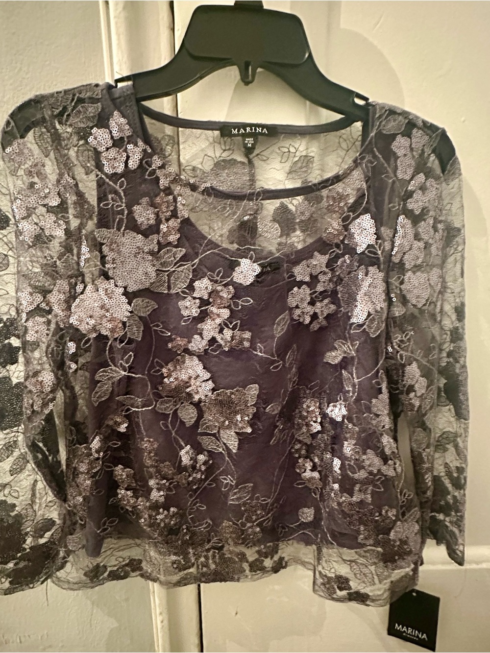 Marina brand dark grey floral sequin embroidered blouse top - M NWT